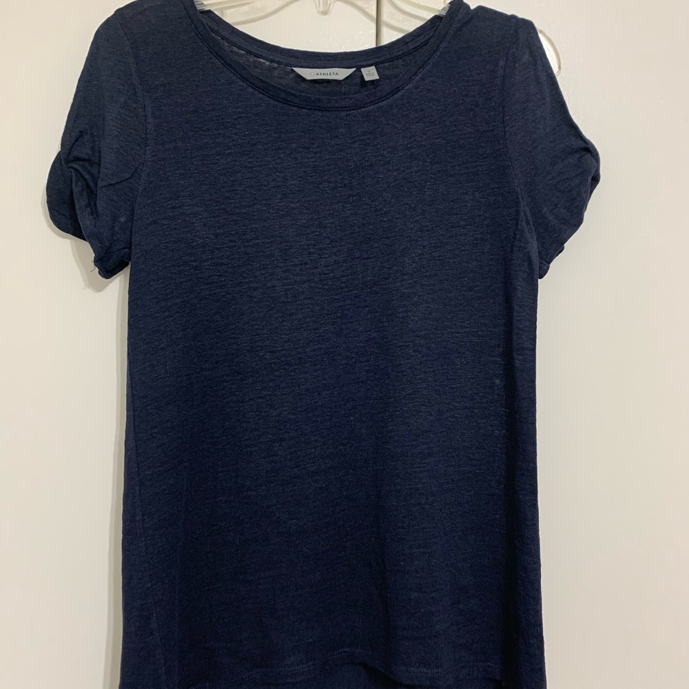 Athleta Navy Blue Linen T-Shirt Size Small w Peekaboo Sleeve